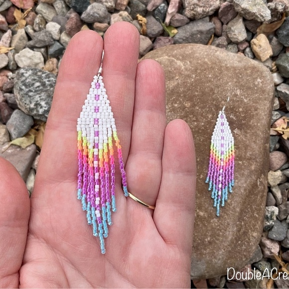 White with Sunset Colors Beaded Earrings with Fringe, New, Handmade by Me - Picture 6 of 6